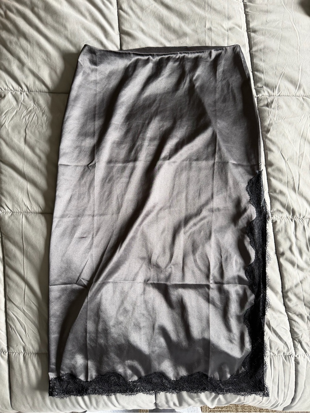 H&M Gray Satin Slip Skirt with Black Lace Trim